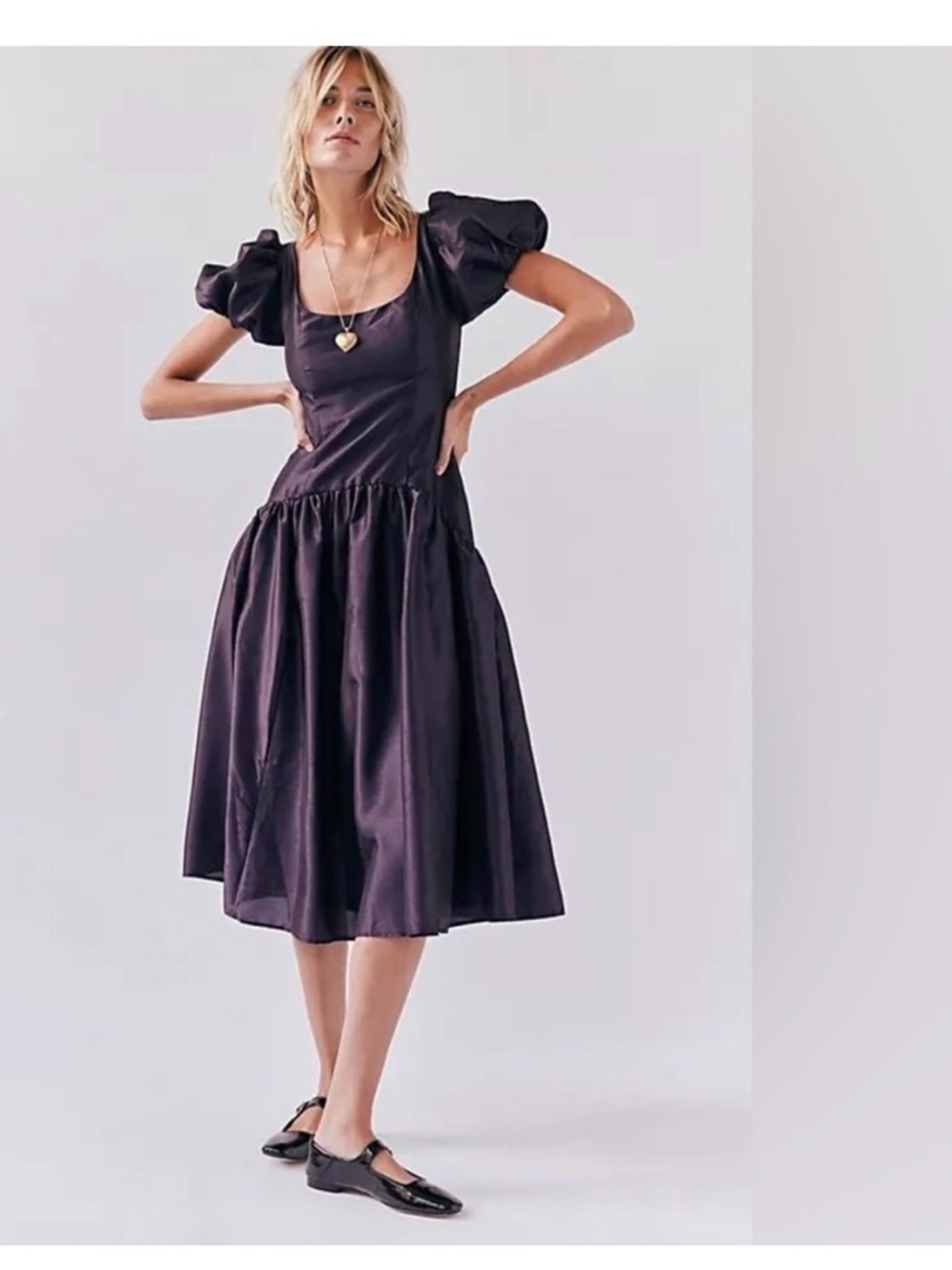 Hutch Navy Puff-Sleeve Scoop-Neck Midi Dress